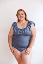 Load image into Gallery viewer, One Piece Ruffle Breastfeeding Swimsuit: Slate Blue
