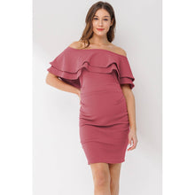 Load image into Gallery viewer, Off The Shoulder Ruffle Maternity Mini Dress: Dusty Rose