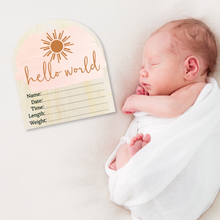 Load image into Gallery viewer, Wooden Arch Birth Disc- Hello World Pink Sun