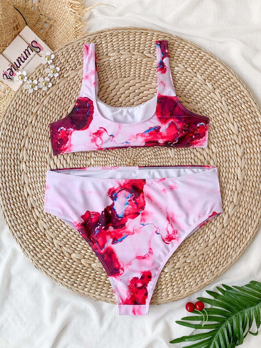 Marble Print High Waisted Swimsuit