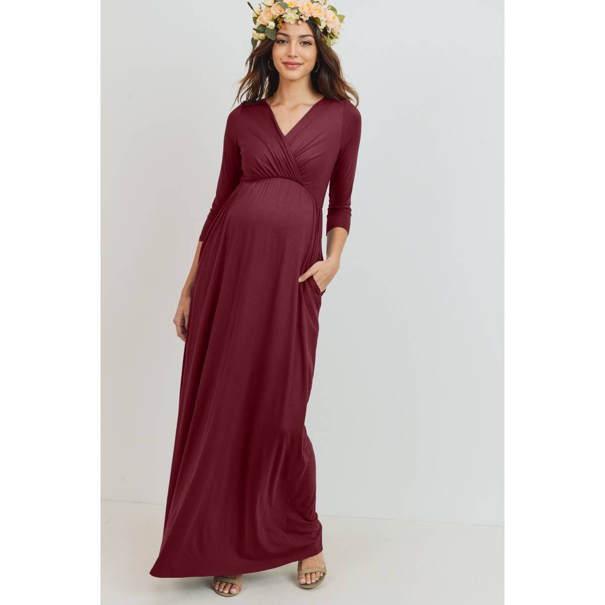 3/4 Sleeve Surplice Maternity/Nursing Maxi Dress BURGUNDY / LARGE 3/4 Sleeve Surplice Maternity/Nursing Maxi Dress BURGUNDY / LARGE