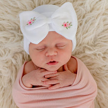 Load image into Gallery viewer, May Flowers Embroidered White Bow Hospital Hat: Newborn
