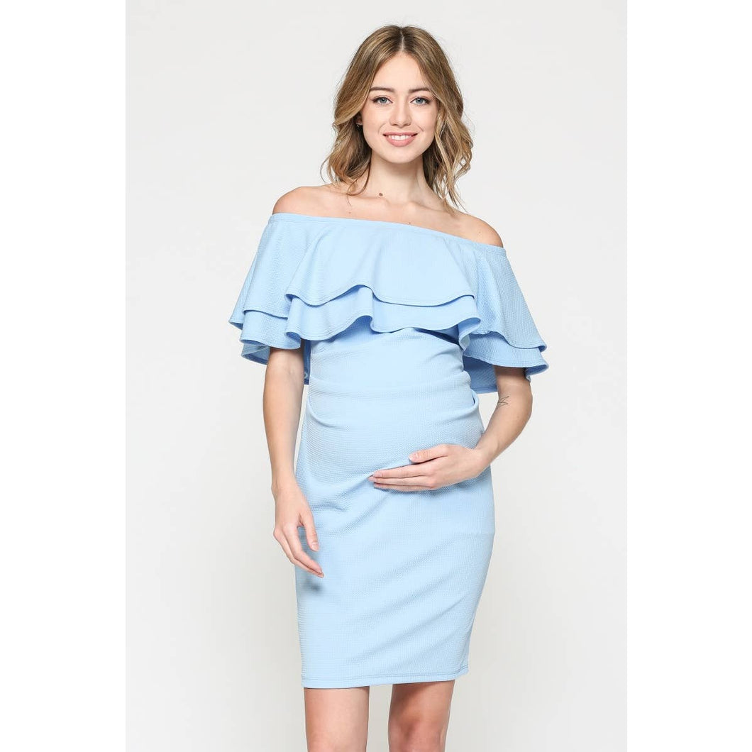 Off The Shoulder Ruffle Maternity Mini Dress: Sky Blue / XL