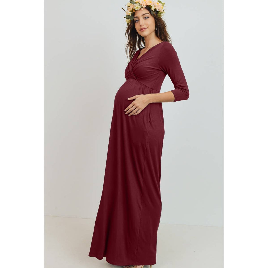 Burgundy 3/4 Sleeve Nursing Maxi Dress