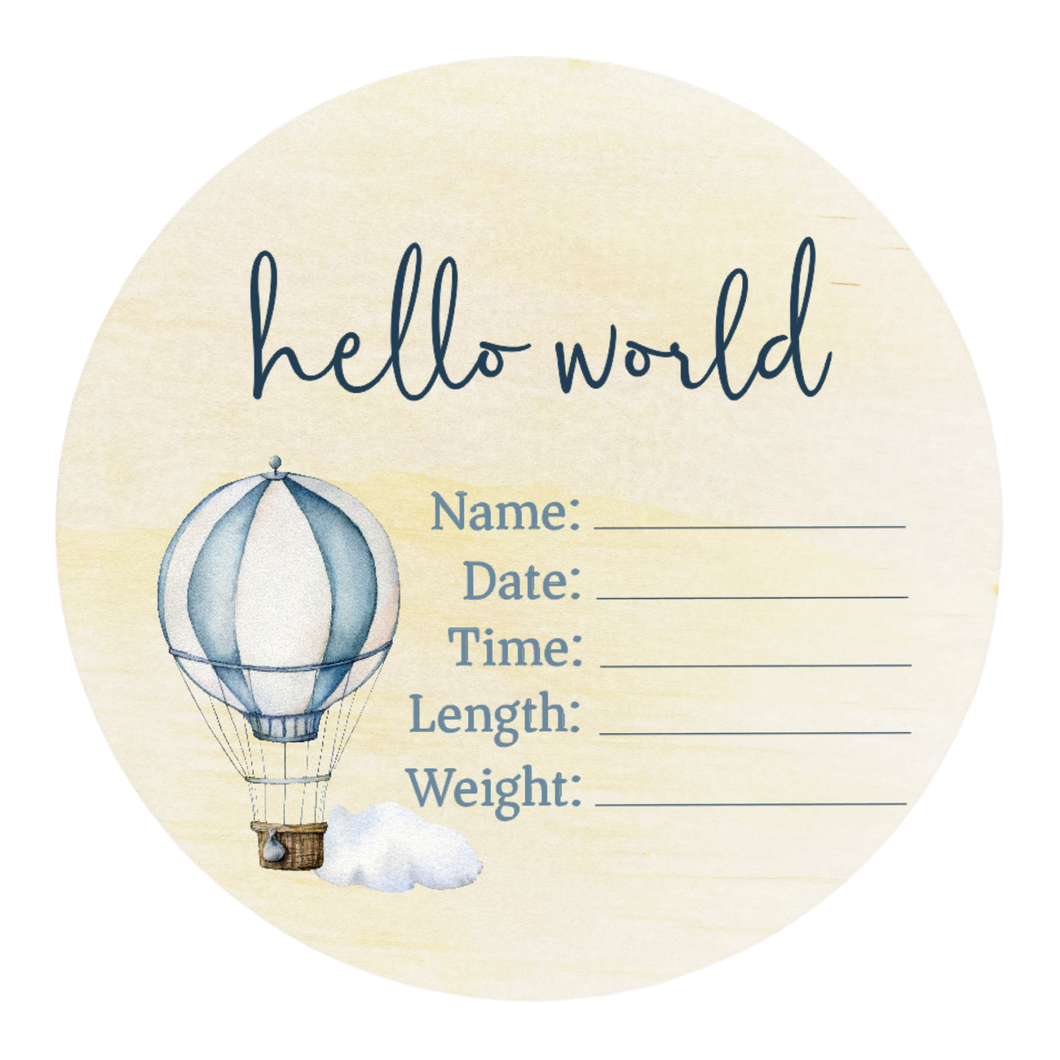 Hello World Wooden Birth Disc- Hot Air Balloon