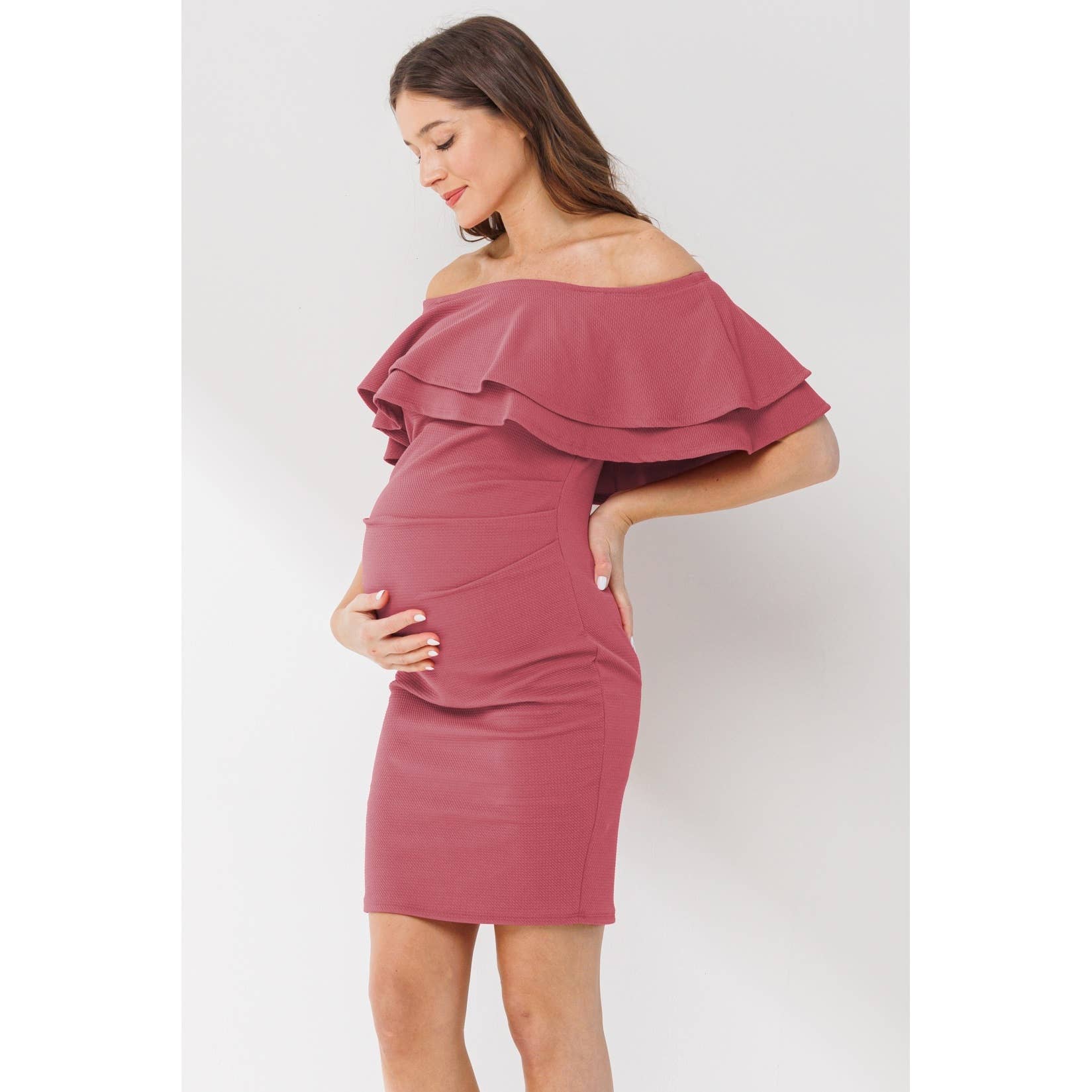 Hello Miz Maternity Off-the-Shoulder Bodycon Ruched Mini Dress - Dusty Rose Hello Miz Maternity Off-the-Shoulder Bodycon Ruched Mini Dress - Dusty Rose