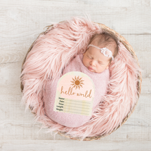 Load image into Gallery viewer, Wooden Arch Birth Disc- Hello World Pink Sun
