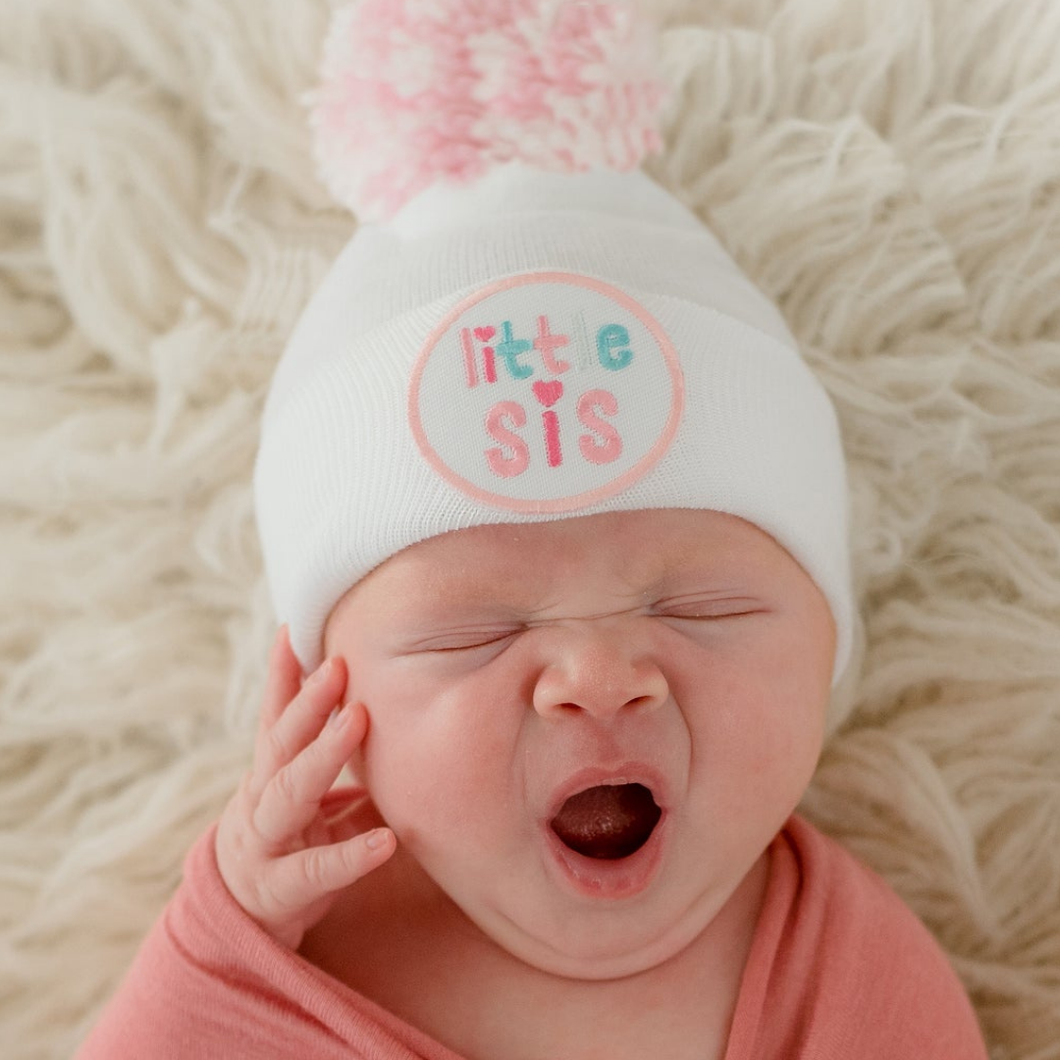 White Little SIS Hat with Pink & White Pom Pom