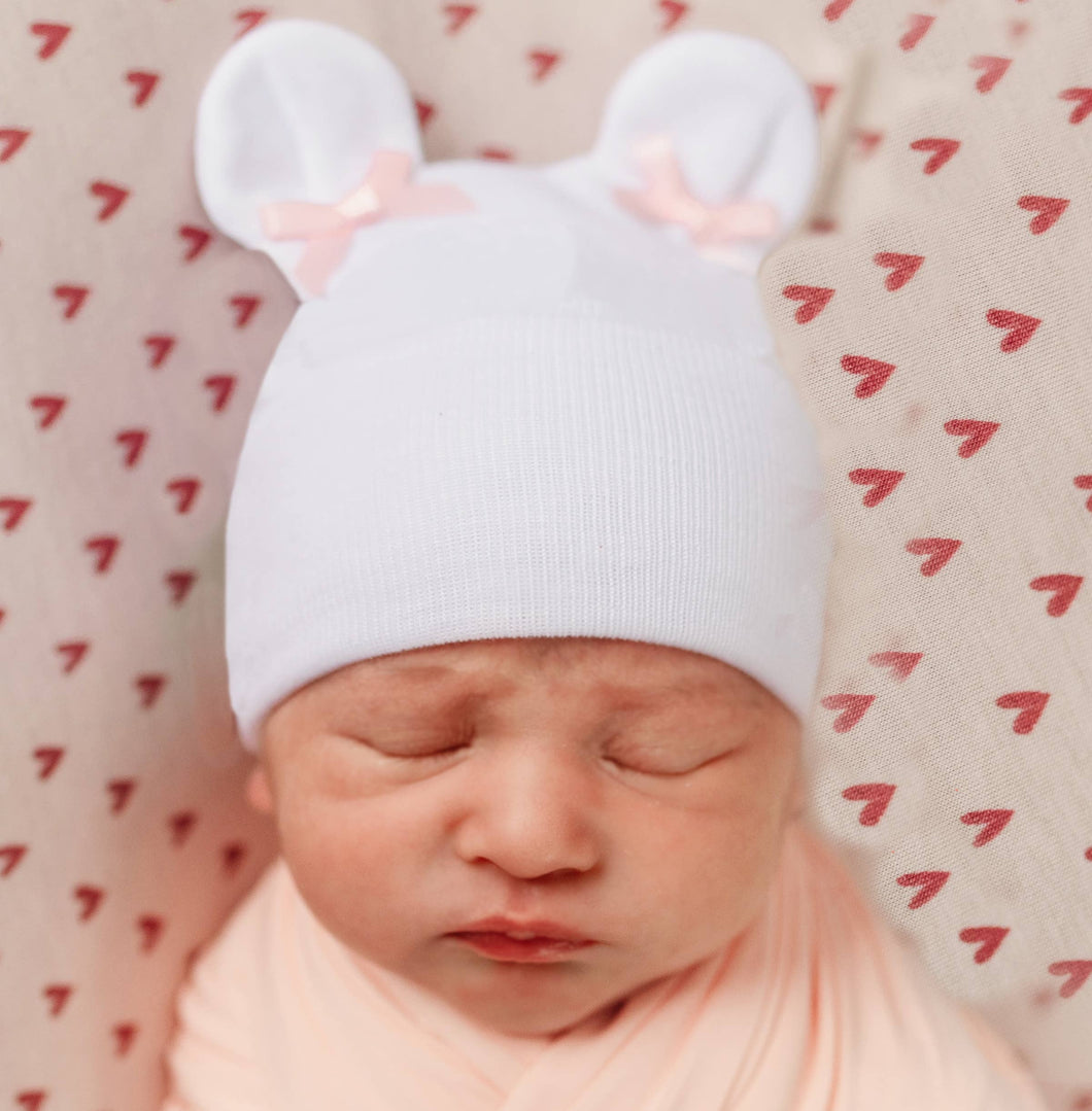 White Bear Ears with Tiny Pink Bows Newborn Girl Hospital Ha