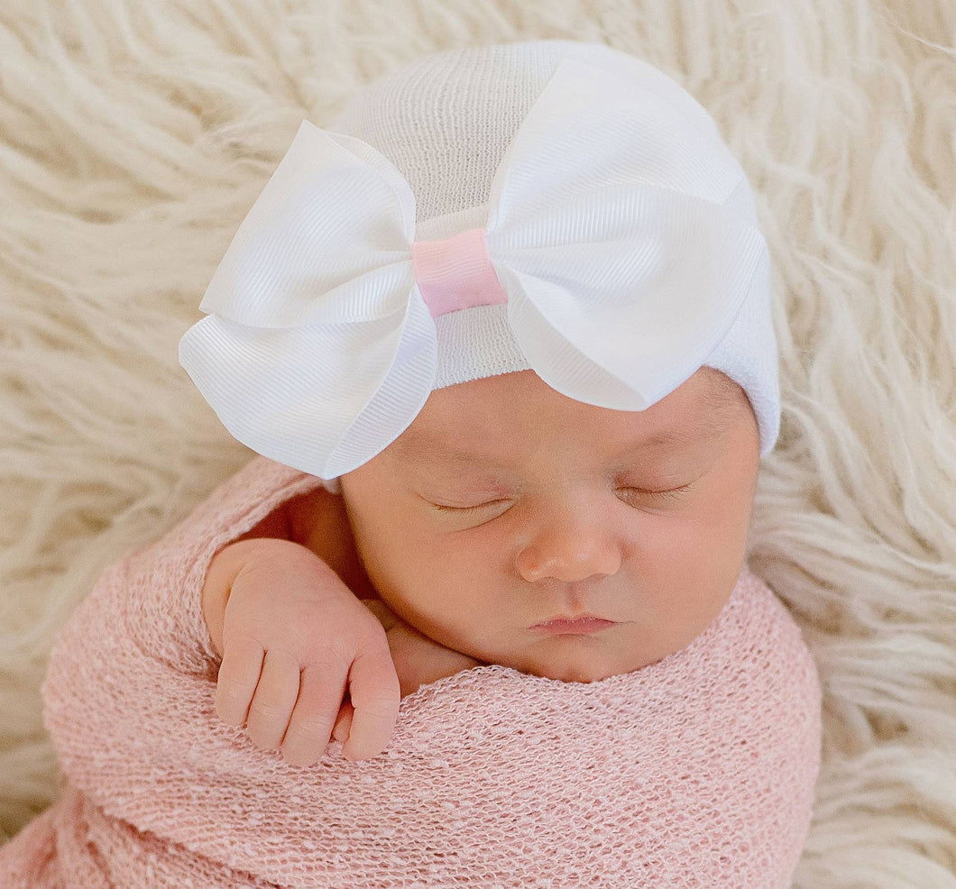Sophie White Big Ribbon Bow With Pink Ribbon Center Newborn