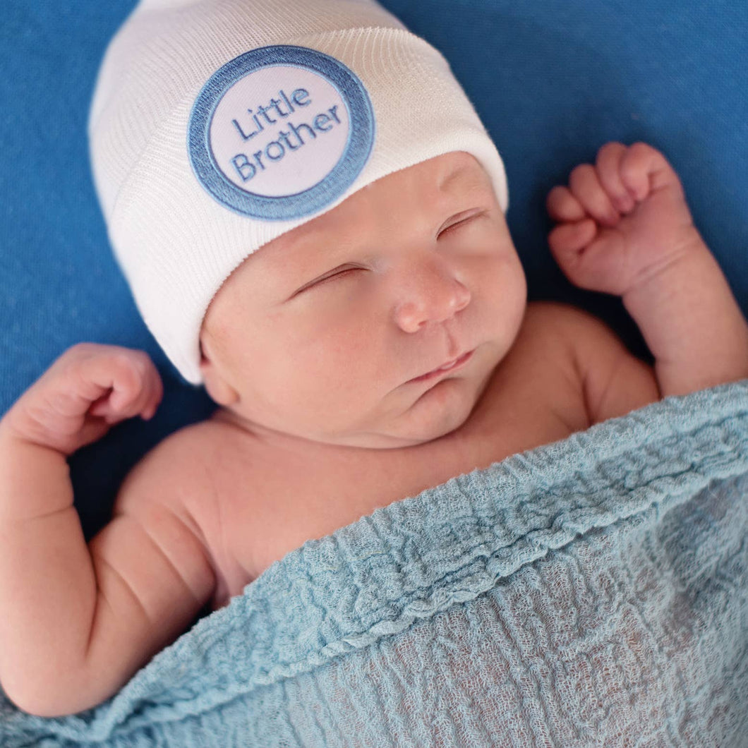 Little Brother Newborn Hospital Hat- White/ Blue lettering