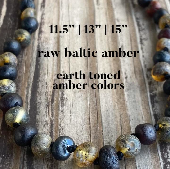 Amber Teething Necklace: Raw Green & Black Cherry Amber