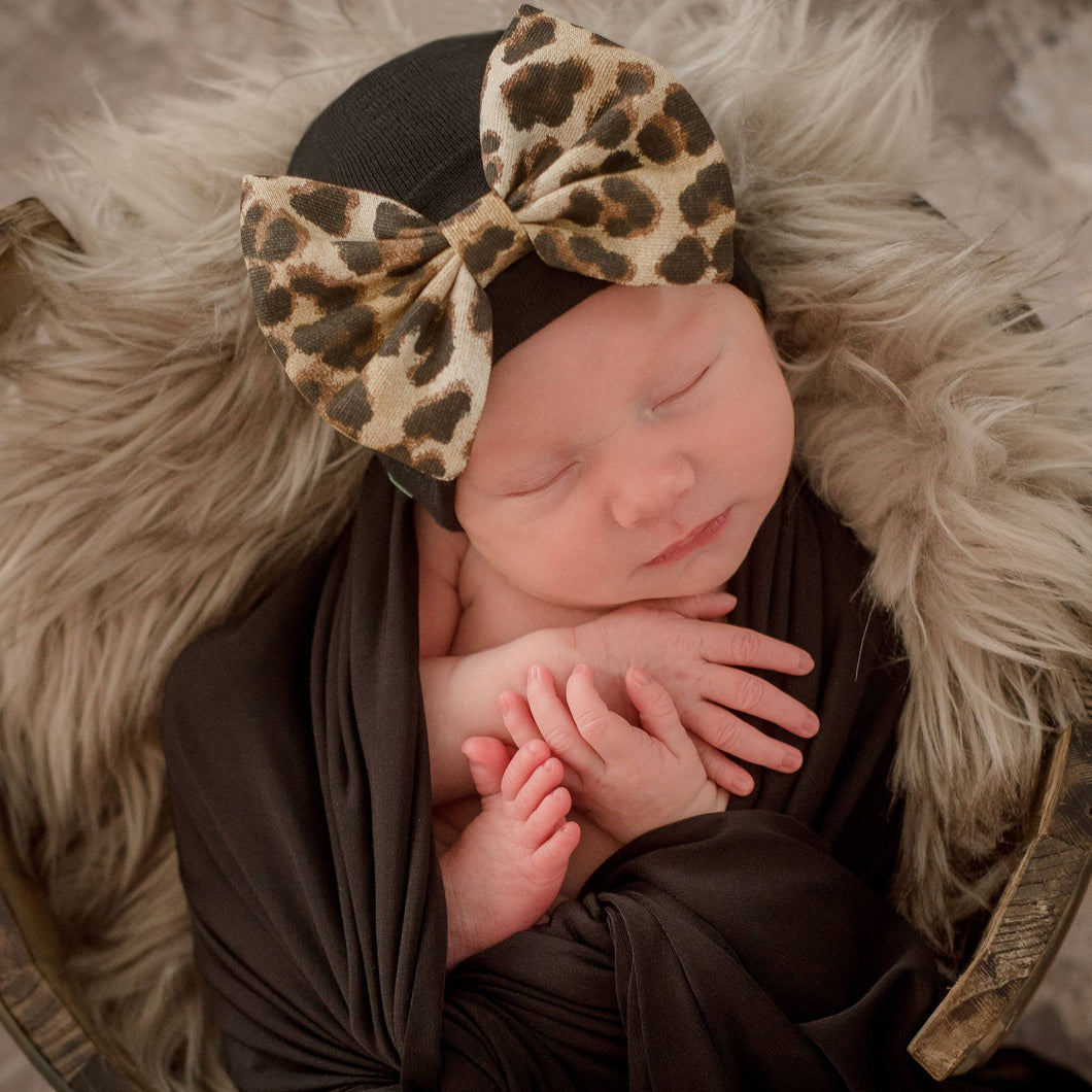Leopard Bow Baby Newborn Girl Hospital Hat