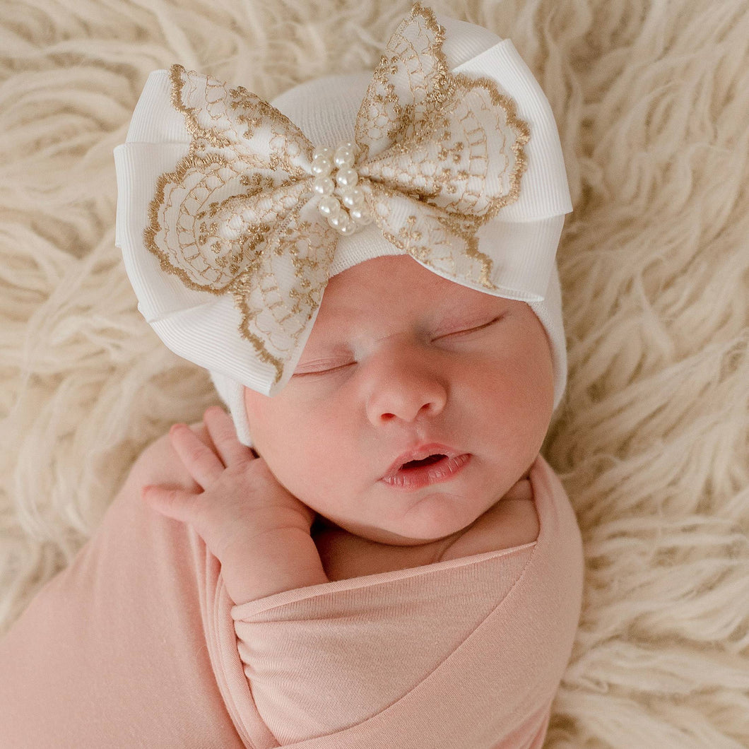 Gold Lace with Pearl Strand Newborn Girl Hospital Hat