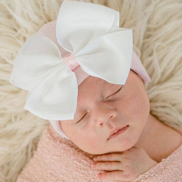 Ava White Bow with Pink Center Hospital Hat