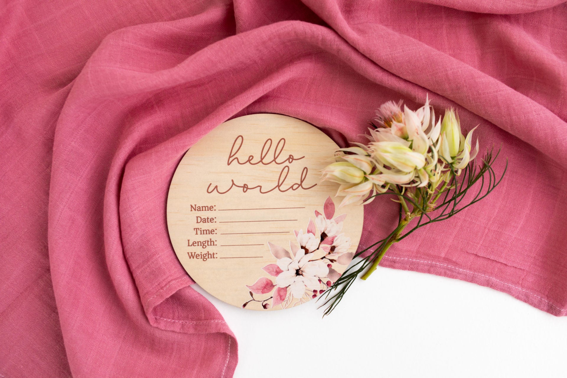 Hello World Newborn Sign - Baby Announcement Board, Pink Butterfly Birth Announcement, Daisy Wooden Milestone Card, Welcome