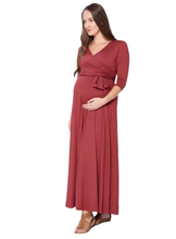 Load image into Gallery viewer, Burgundy 3/4 Sleeve Wrapped Ruched Maxi Dress
