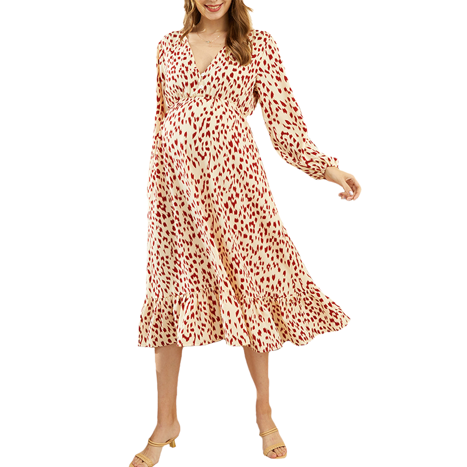 V-neck Long Sleeve Print Maternity Dress Nursing Breastfeeding Dresses Large