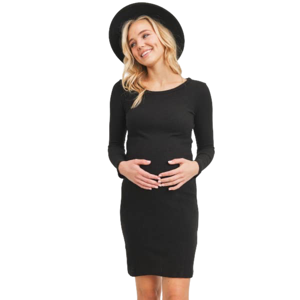 Long Sleeve Rib Knit Maternity Dress Black / SMALL