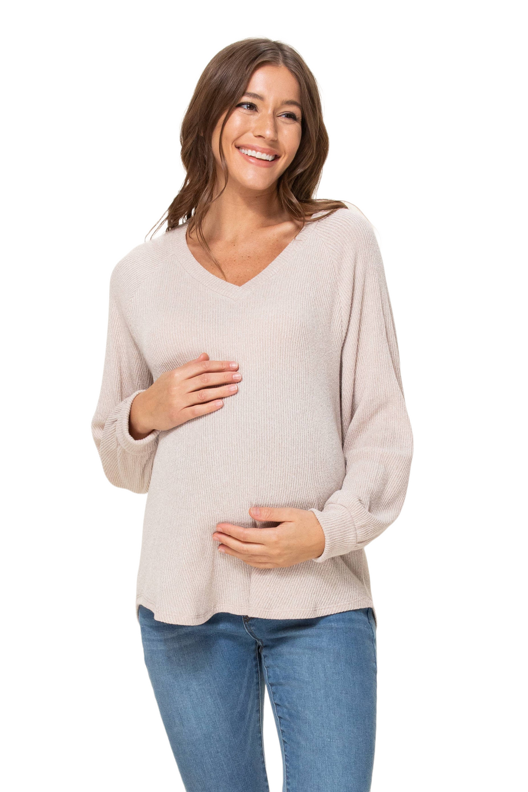 V-Neck Boyfriend Maternity Sweater- BEIGE