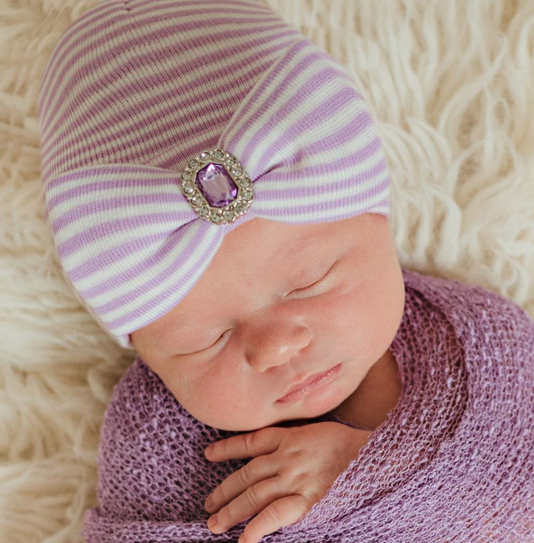 Purple Striped Hat with Bow and Gem